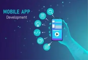 Mobile app development process showing UI design and coding on laptop and smartphone