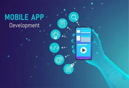 Mobile app development process showing UI design and coding on laptop and smartphone